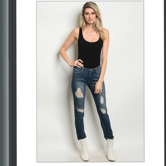 💖 Stretch DARK DENIM BLUE Distresed JEANS - Picture 2 of 5